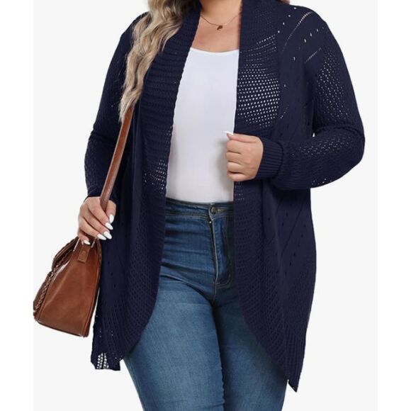 Navy pointelle cardigan, Size 4X, in Navy Blue - Picture 6 of 7